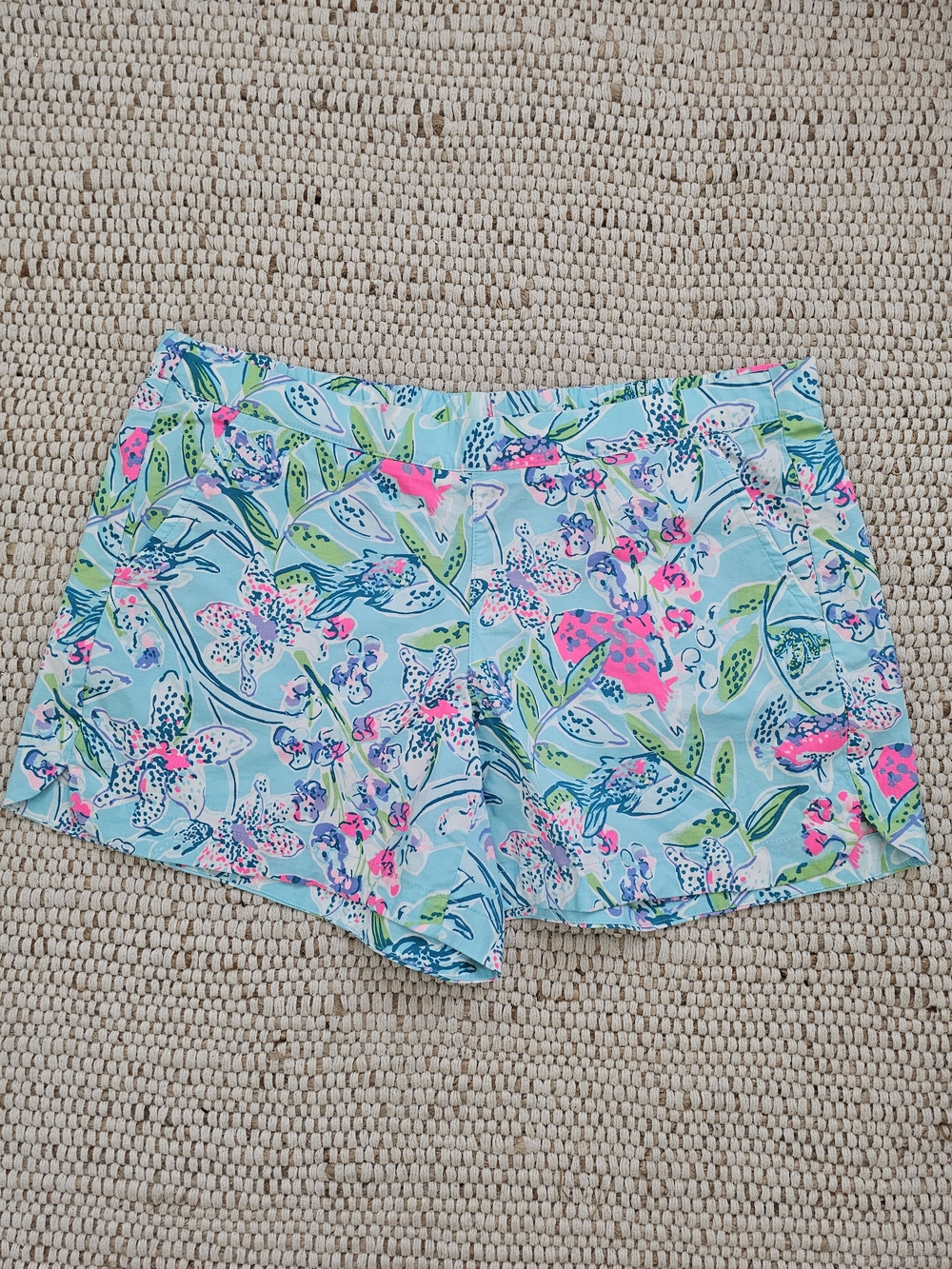 Lilly Pulitzer Aqua Floral Athletic Shorts with Pink & Green Accents